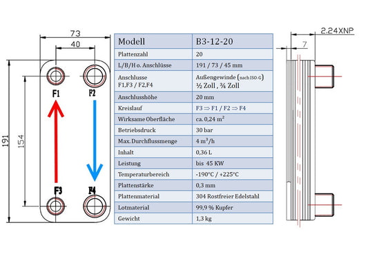 Edelstahl Plattenwärmerauscher B3-12-20 - 0,24 m², 55 kW